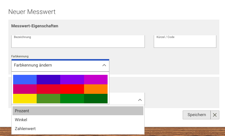 Screenshot Menü Dokumentation Messwerte neuen Messwert anlegen